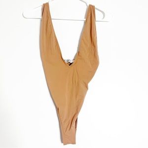 Clo high leg plunge neck nude one piece swimsuit